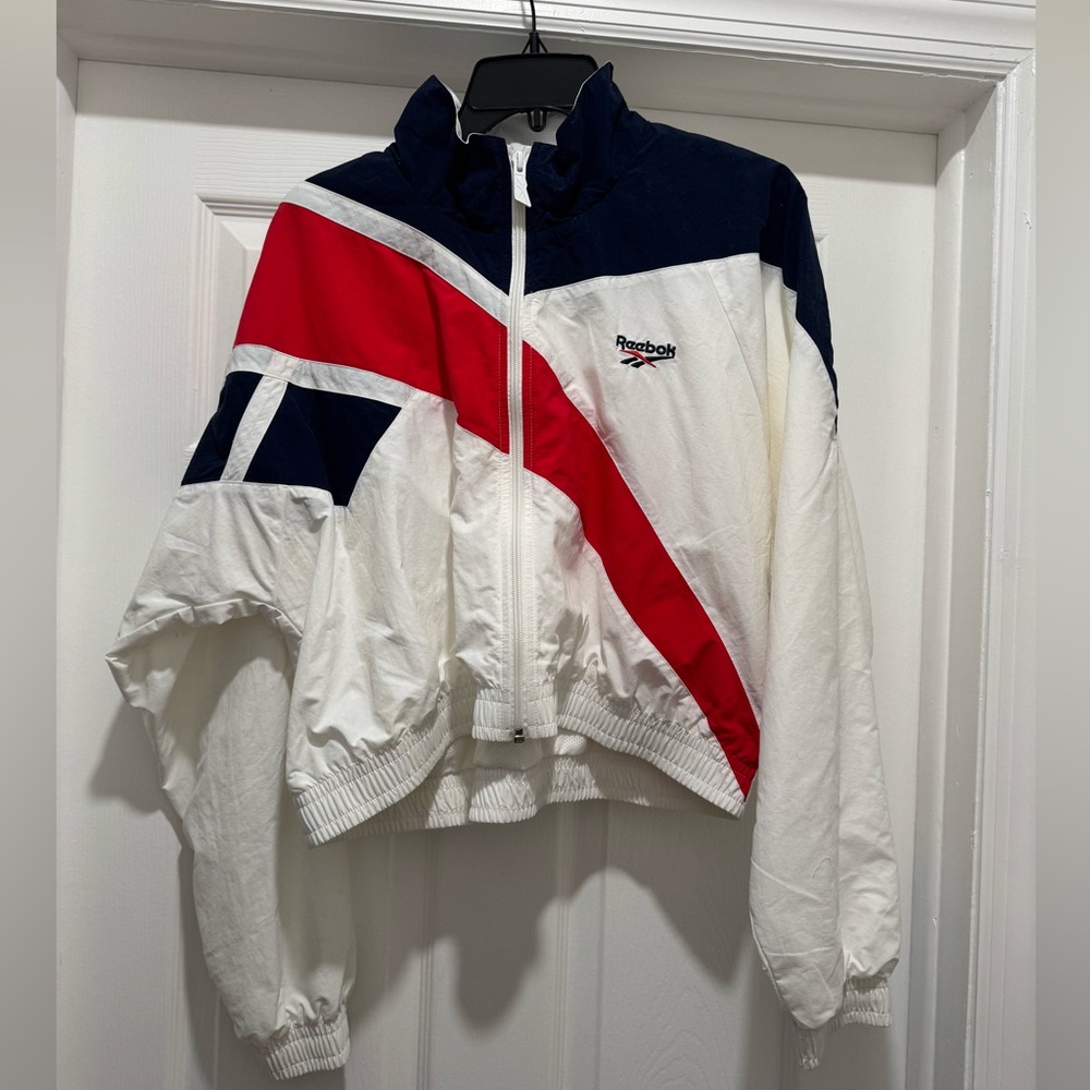 Reebok White Navy & Red Vintage-Inspired Bomber Jacket
